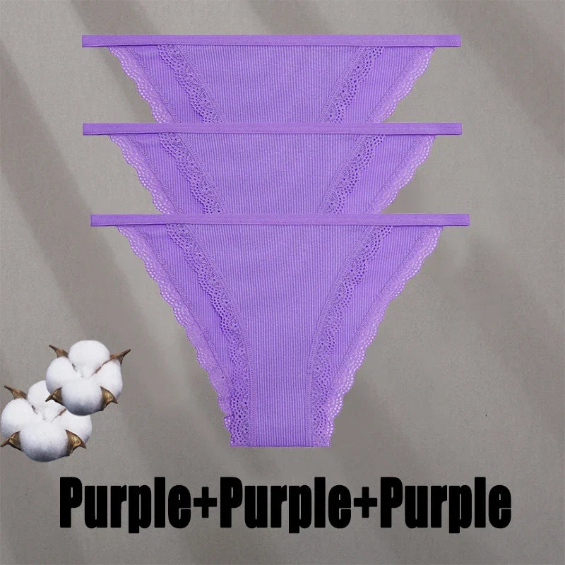 3PCS Women‘s Cotton Lace Panties Low Waist Briefs Comfortable Underwear Ladies Solid Color Underpants Girls Breathable Panty New