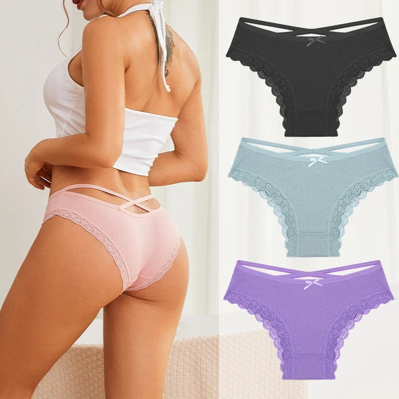 3PCS/Set Women Cotton Panties Low Waist Sexy Lace Brazilian Briefs Female Cross Webbing Underpants Soft Breathable Lingerie S-XL