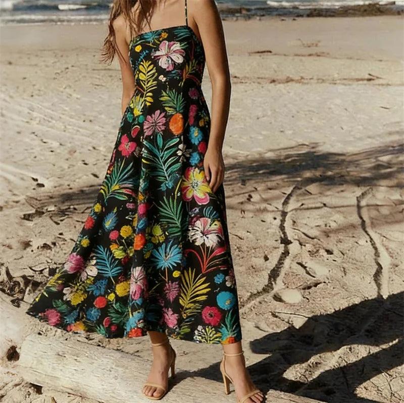 Women Floral Geometric Neck Long Party Dress Fashion Sleeveless Spaghetti Strap Dress Fashion Vacation Cocktail Flowy Sun Dress