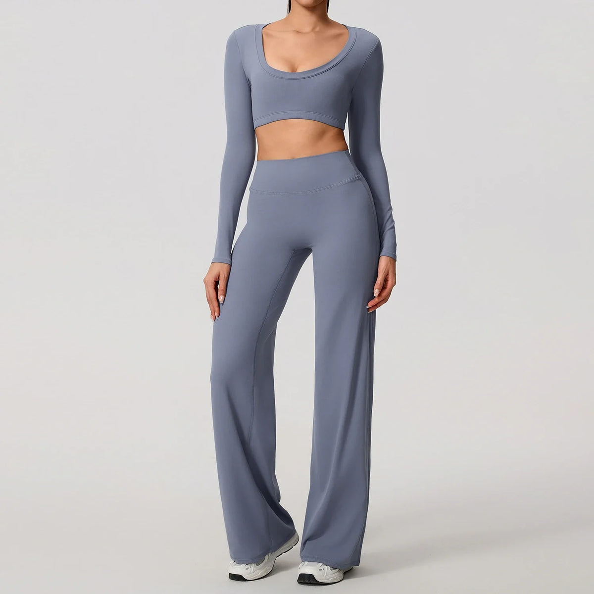 Hearuisavy Sports Set 2Pcs Women's  Long Sleeve Backless Fitted Fitness Top Push Up Pilates Yoga Top Wide Leg Straight Leg Pants