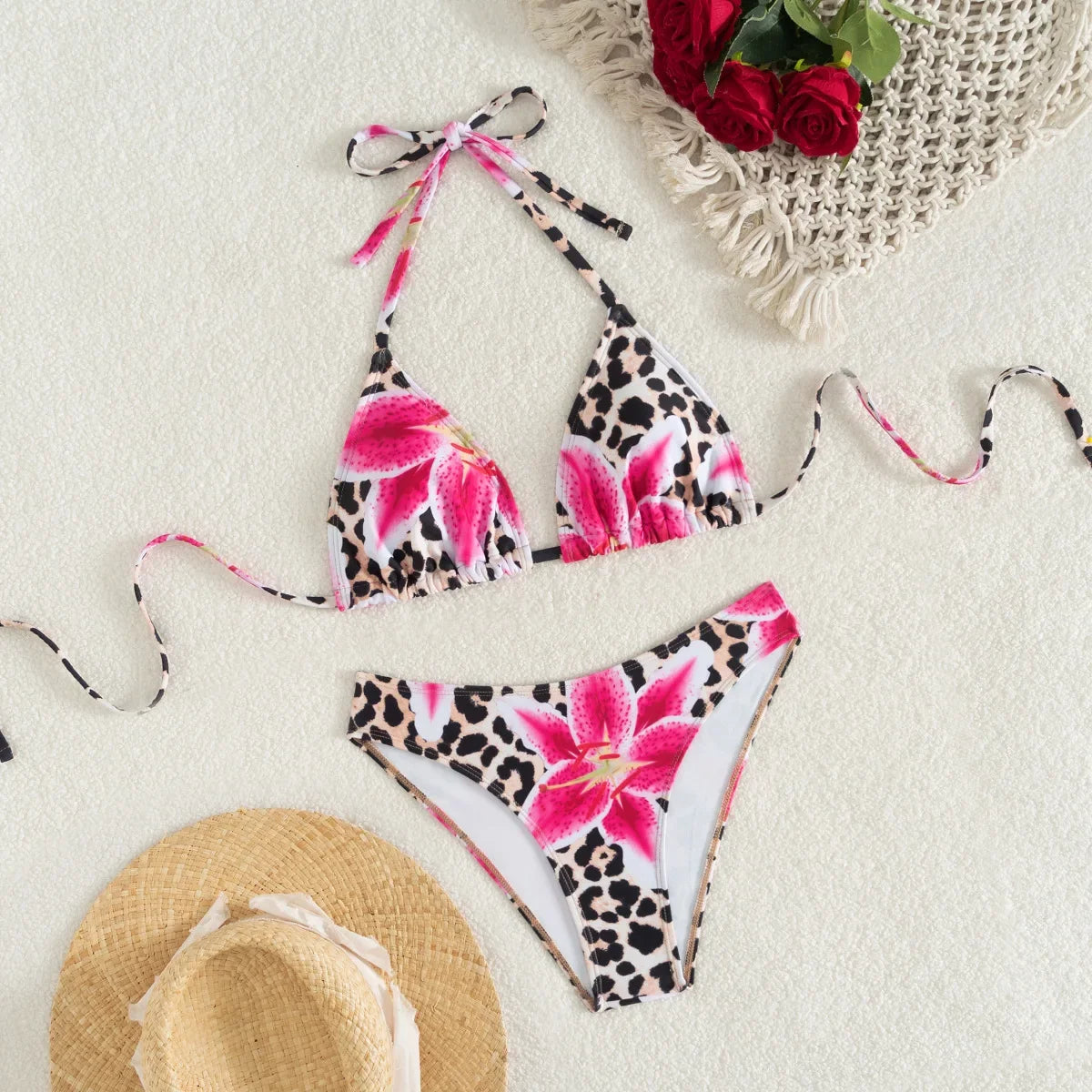 2025 New Women's Black Ground White Dot Printed Swimsuit Halter Neck Low Waist Bikini Set For Summer Female Swimwear Brazilian