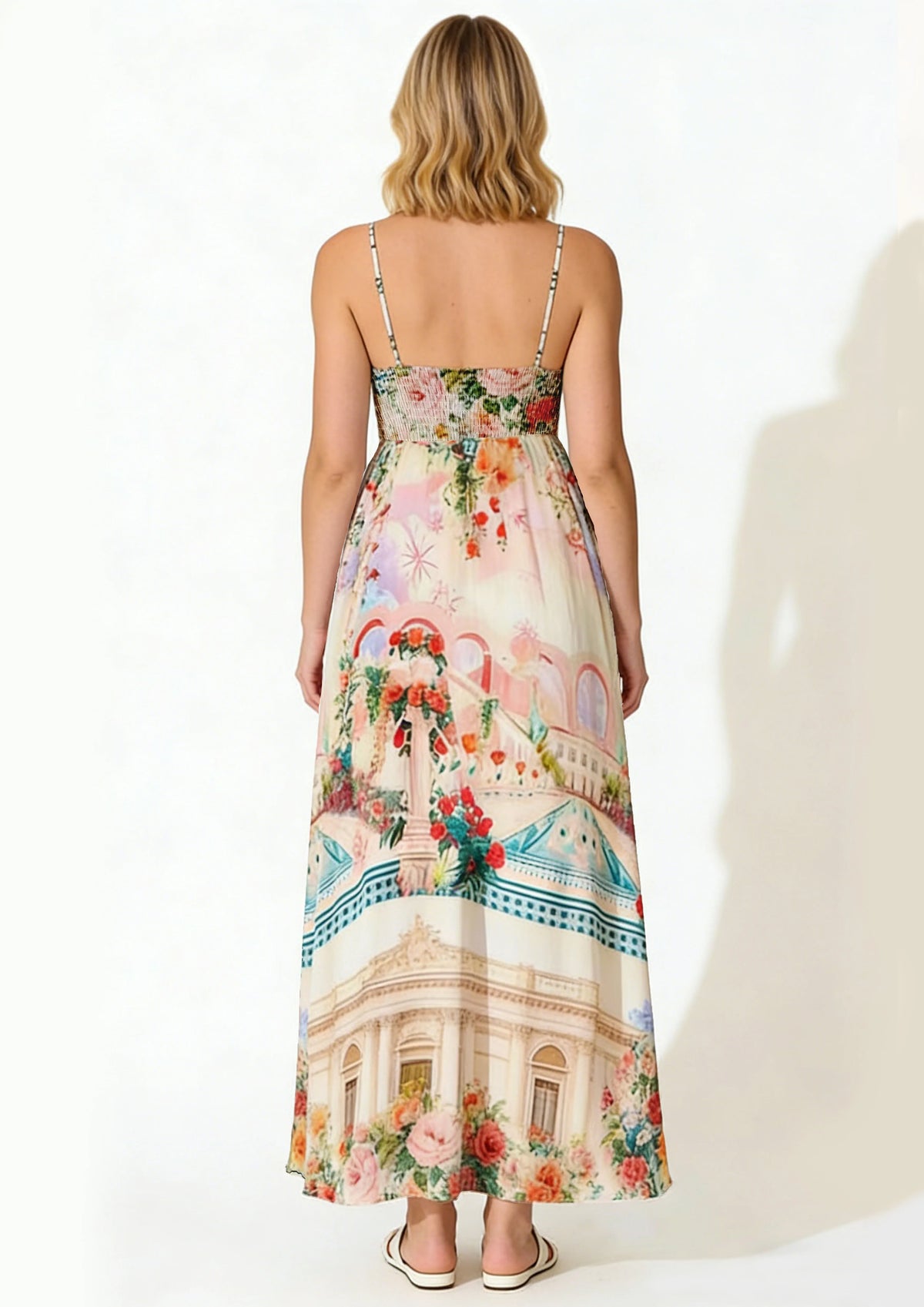 Women Floral Geometric Neck Long Party Dress Fashion Sleeveless Spaghetti Strap Dress Fashion Vacation Cocktail Flowy Sun Dress