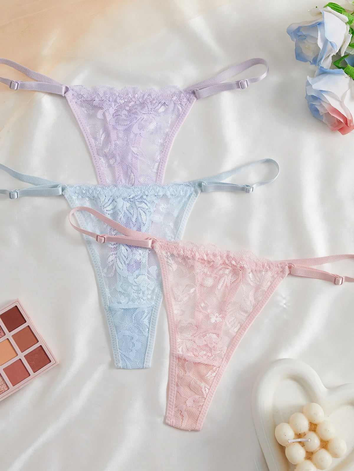 3-Pack Sexy Lace Women's Panties Adjustable Waistband Semi-Transparent Sexy Floral Lace Women's Sexy Lingerie Underwear