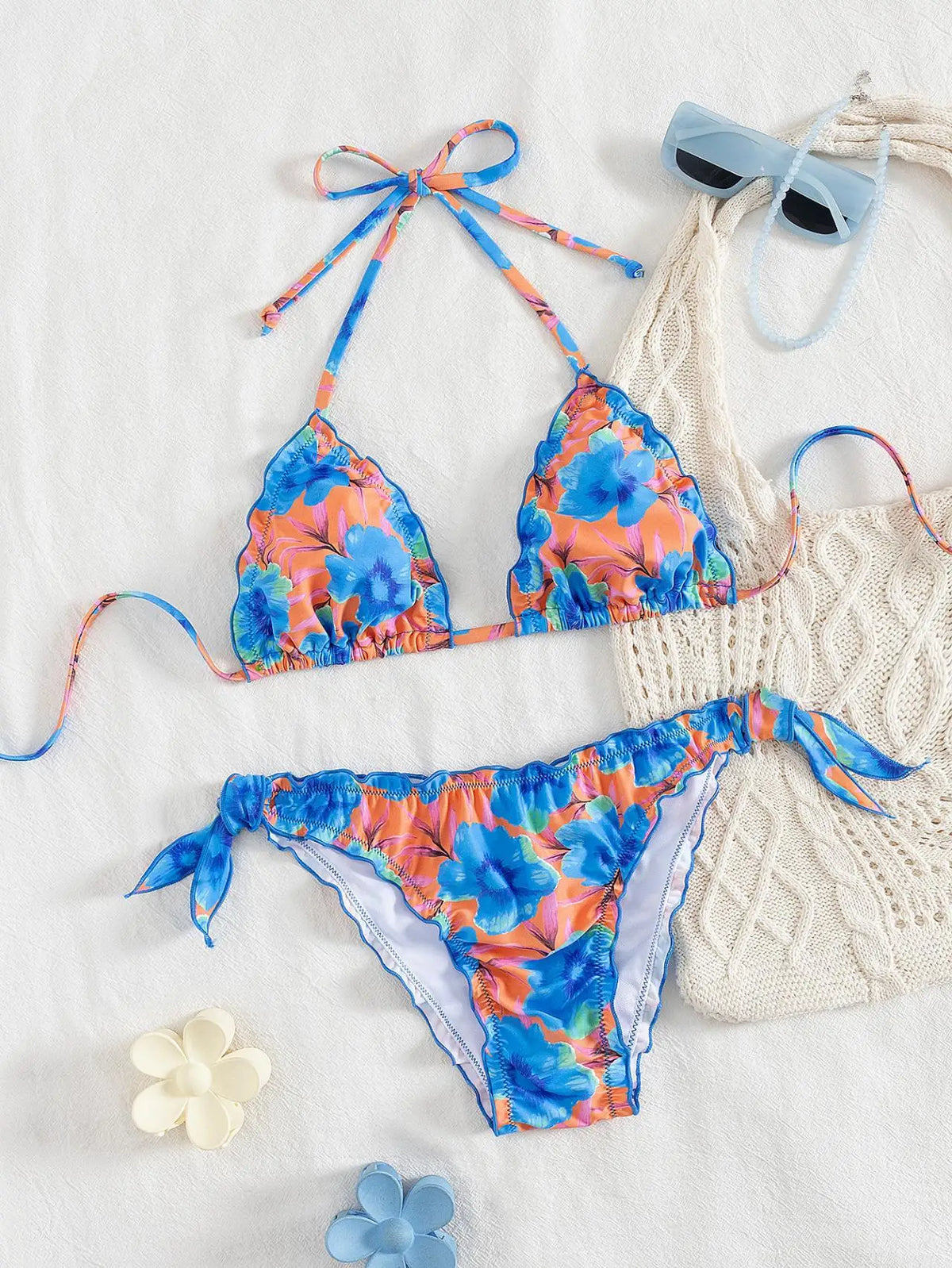 Cute Orange Floral Print Bikini Set Women Halter Ruffles Push Up Tie Side Thong Swimsuit 2026 Summer Bathing Suit Micro Swimwear