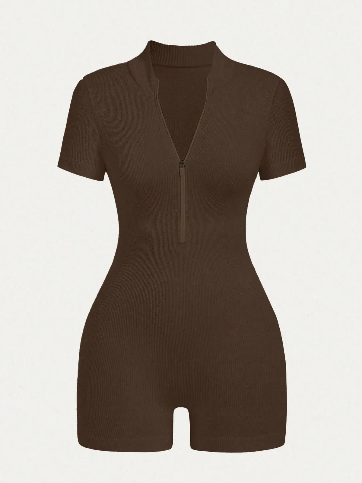 Women's Solid Color Half Zip Ribbed Knit Short Sleeve Romper Sports Soft Slim Fit Mock Neck Jumpsuit Streetwear 2025 Summer