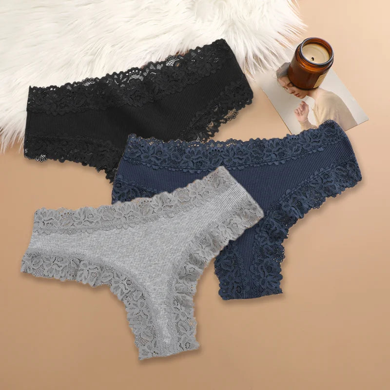 3Pcs Sexy Women Cotton Brazilian Pants Lace Brazilian Briefs Low Waist Floral Solid Color G-string Breathable Soft Lingerie