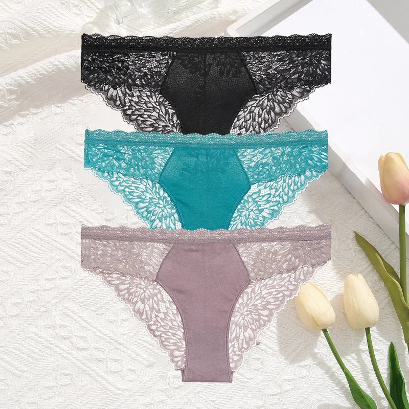3Pcs/Set Seamless Lace Women Panties Transprant Hollow Out Low Waist Briefs Female Solid Soft Breathable Lingerie Underwear
