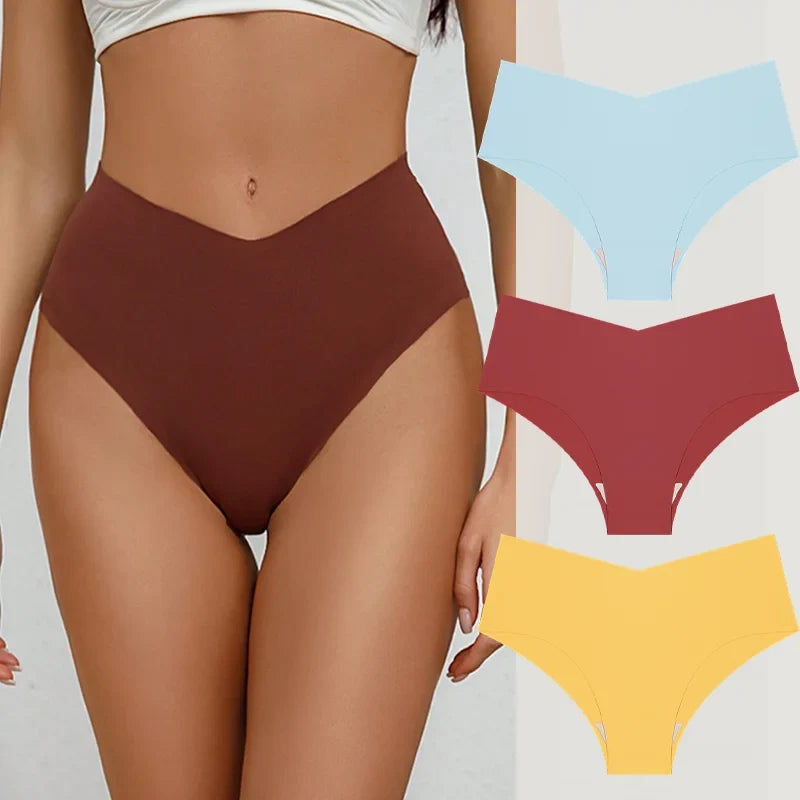 3PCS Women's Seamless Maillard Underwear Sexy V-Shaped Mid Waist Ice Silk Briefs 10 Soild Color Cozy Stretch Sexy Underpant S-XL