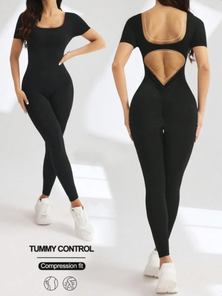 One piece seamless spandex U-neck short sleeved bodysuit with hip lifting, gym clothing, women's fitness jumpsuit
