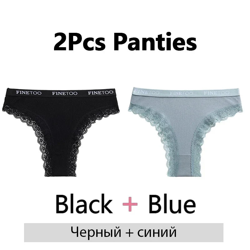 FINETOO 2Pcs/Set Women Cotton Brazilian Panties Plus Size M-2XL Lingerie Sexy Lace Underwear Low Rise Girls Intimates Underpants