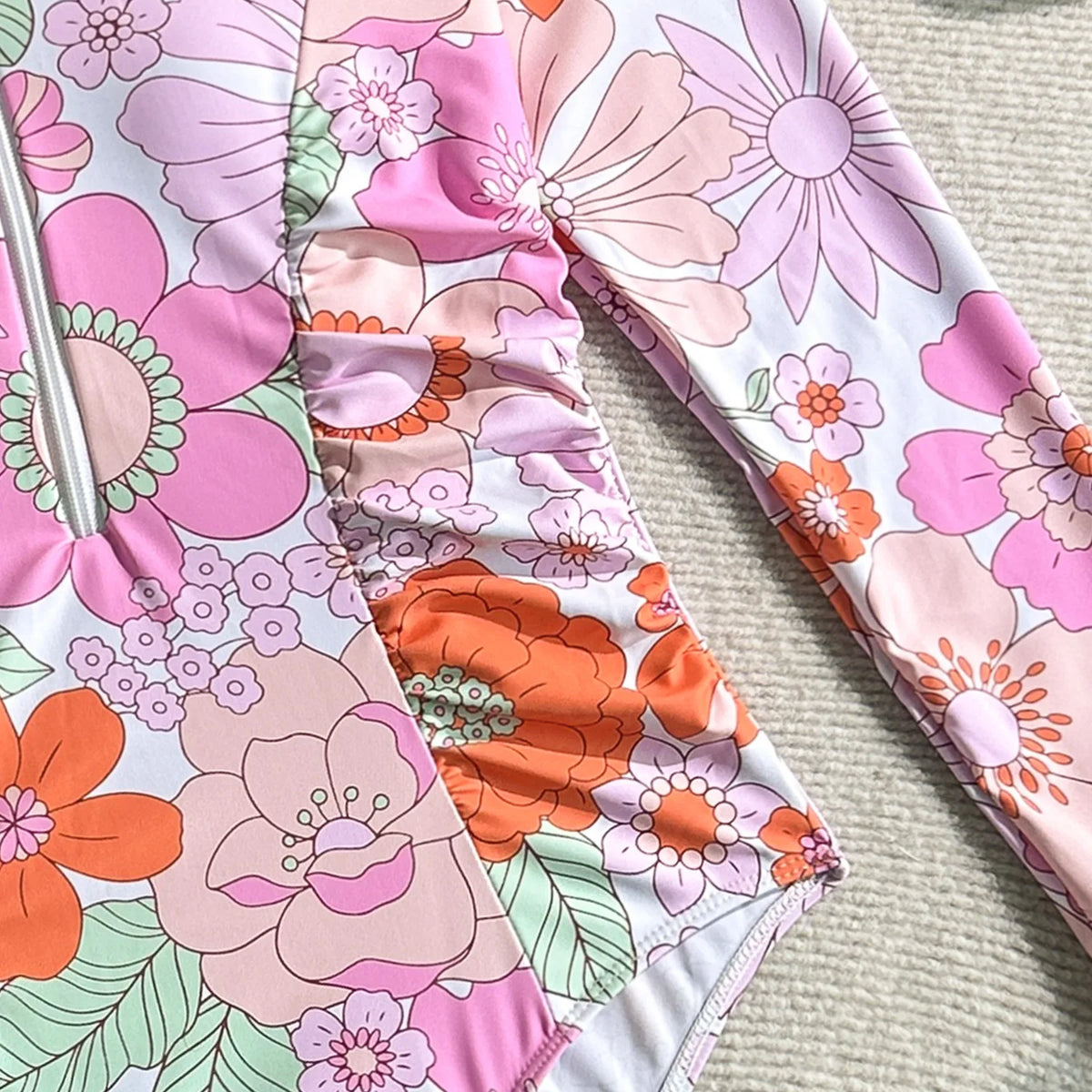 Vintage Pink Floral Print Swimwear Women 2026 Front Zipper Long Sleeve Sunscreen One Piece Swimsuit Bathing Suit Surf Monokini