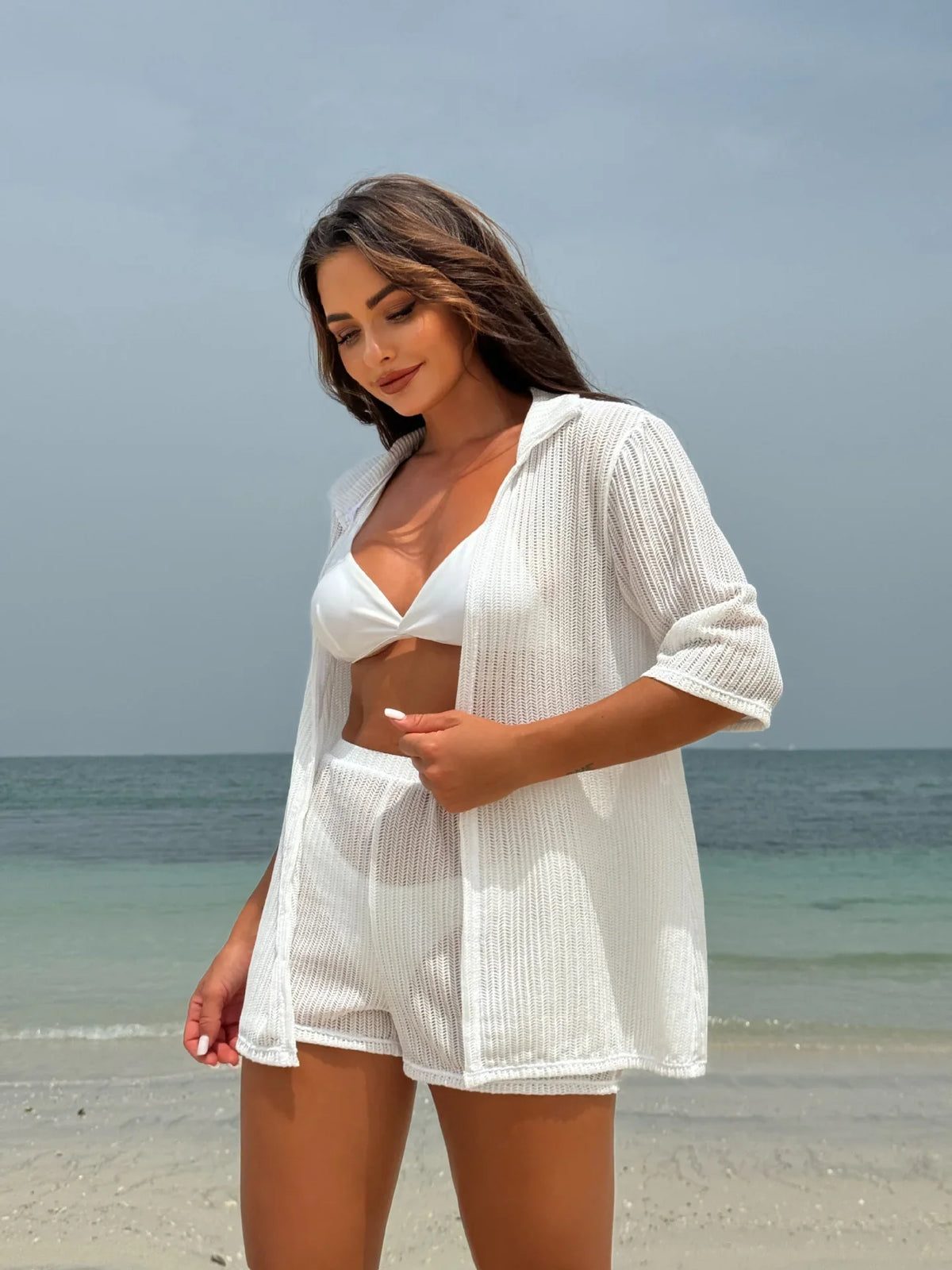 Summer 4 Piece Bikinis Sets Women Black White Mesh Half Sleeve Cover Up with High Waist Panties Swimsuit Bathing Suit Swimwear