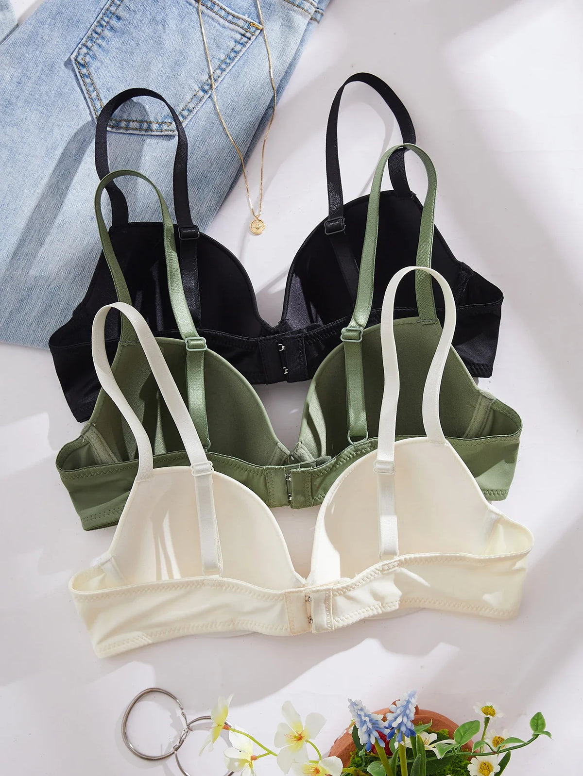 3Pcs Solid Women's Underwear Set Everyday Push up Bra Basic Underwire Bras Supportive and Comfortable Unpadded Women's Bra