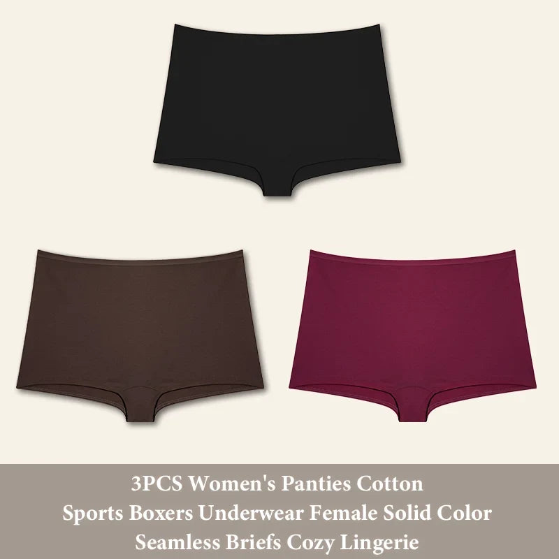 3PCS Women's  Cotton Seamless Panties Sports Boxers Underwear Female Solid Color Briefs Cozy Lingerie Intimate Underpants XS-XL