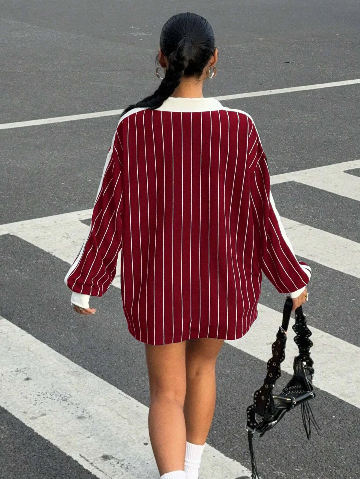 Women's Casual Striped Letter & Number Print Athletic Polo Collar Long Sleeve T-Shirt Drape Oversize Tops Streetweat Spring/Fall