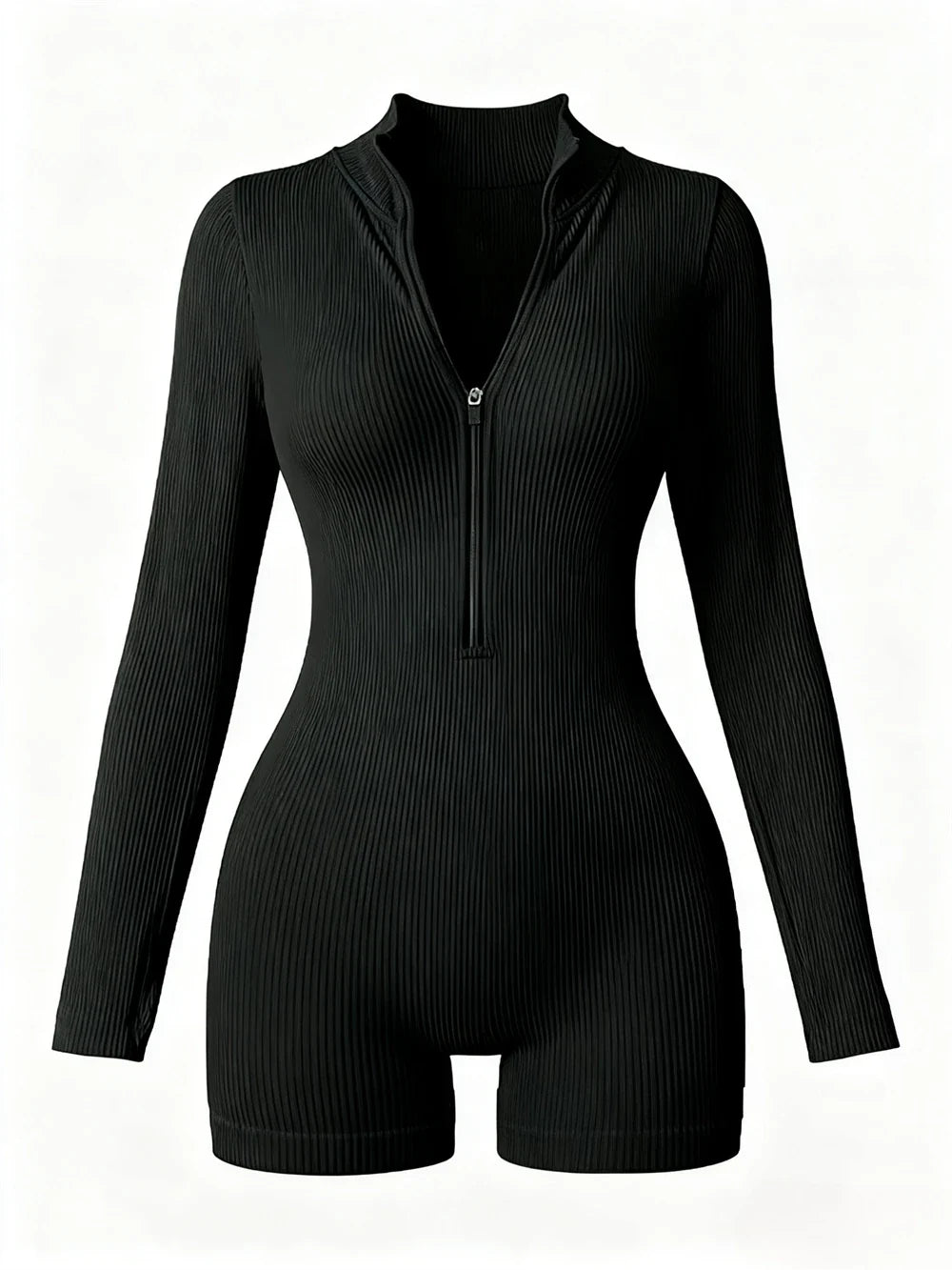Women's Solid Color Half Zip Ribbed Knit Short Sleeve Romper Sports Soft Slim Fit Mock Neck Jumpsuit Streetwear 2025 Summer