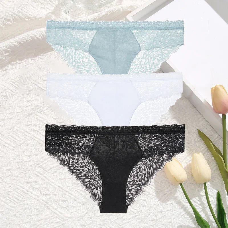 3Pcs/Set Seamless Lace Women Panties Transprant Hollow Out Low Waist Briefs Female Solid Soft Breathable Lingerie Underwear