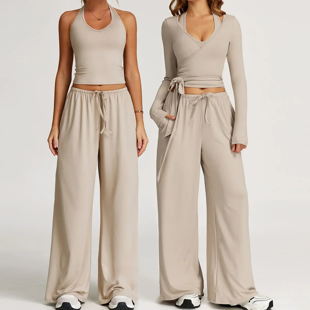 New Women Yoga Set 2/3 Pieces Long sleeves Workout Tracksuit Sportswear Gym Clothing Wide-leg sport pants Fitness Sports Suit