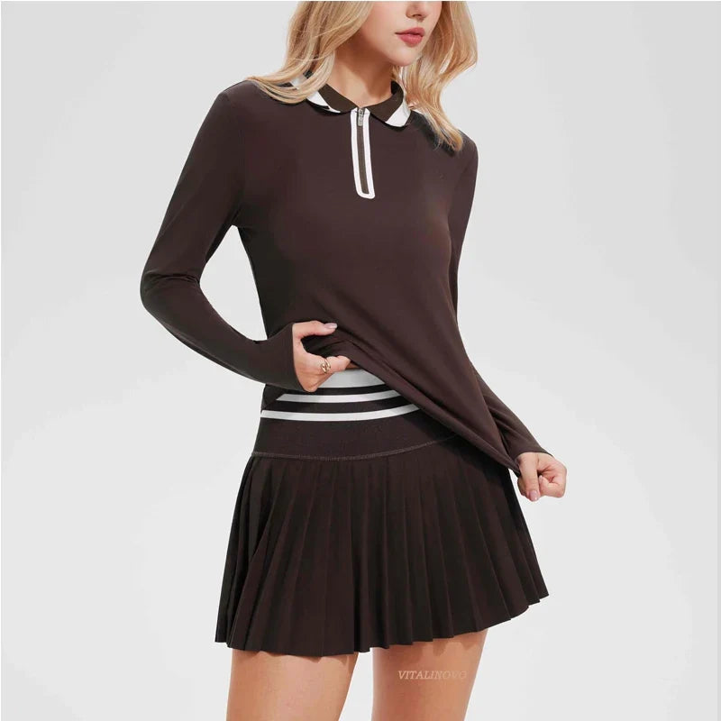 VITALINOVO Tennis Skirt Sets for Women Zipper Color Block Shirts High Waisted Golf Polo Two Piece Skirt Set Women 2 Piece Outfit