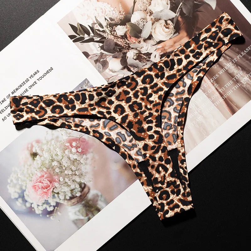 Ice Silk Leopard Women Panties Sexy G String Thong Seamless Underwear T Back Candy Color Girls Briefs Underpants Plus Size M-XXL