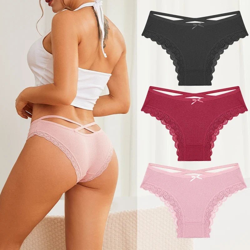 3PCS/Set Women Cotton Panties Low Waist Sexy Lace Brazilian Briefs Female Cross Webbing Underpants Soft Breathable Lingerie S-XL