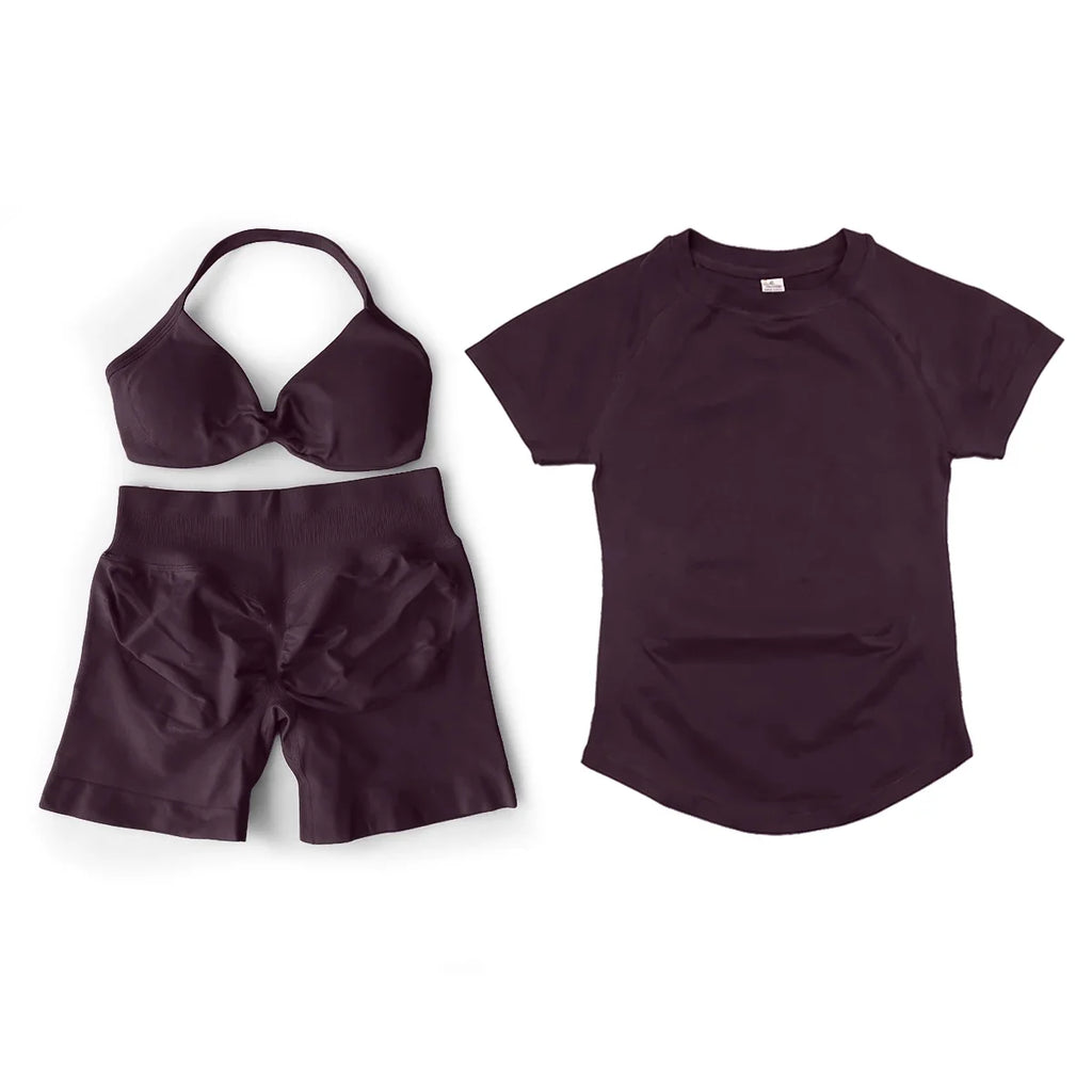 3 Pcs Gym Set Woman Short Sleeve Sport T-Shirt & Seamless Scrunch Gym Shorts & Strappy Bra Fitness Workout Suits Gym Clothing