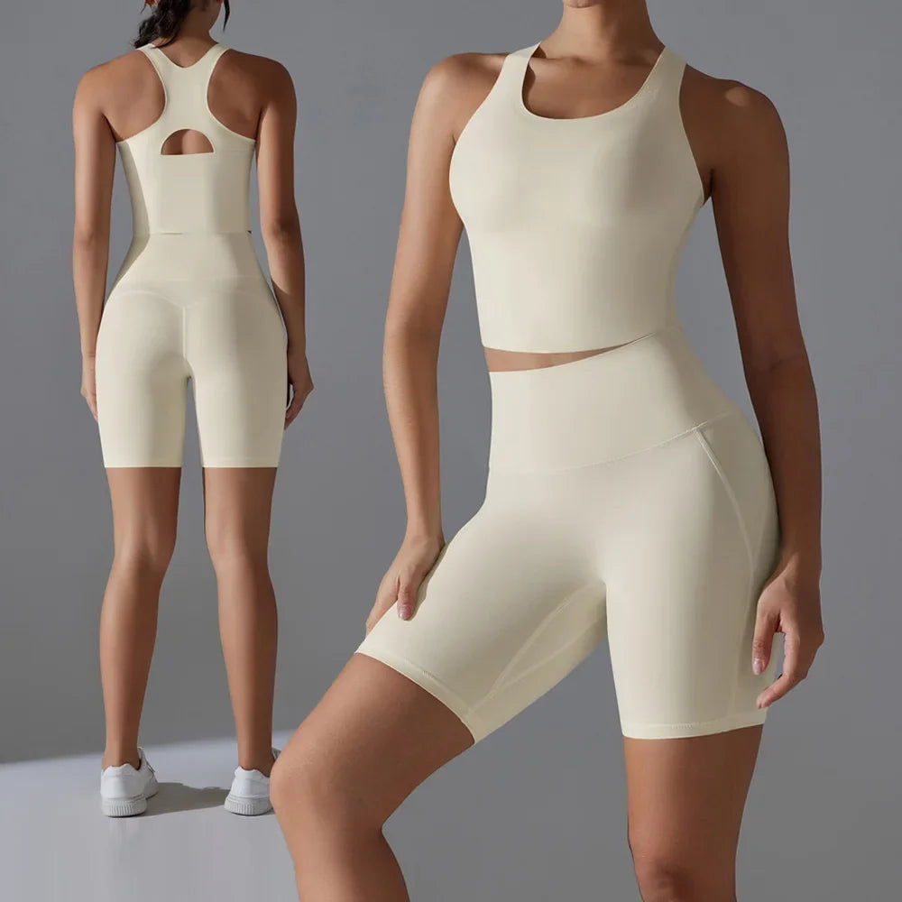 Yoga Set 2PCS Sports Suit seamless sports vest Women Nude tight-fitting Gym running Shorts Fitness Tracksuit Workout Sportswear