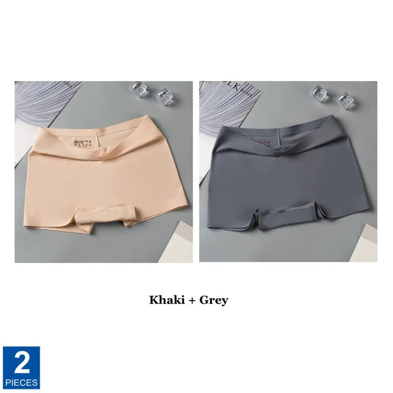 2pcs Seamless Women Boxers Underwear Ice Silk Shorts Solid Color Ladies Soft Boyshorts Plus Size M/L/XL