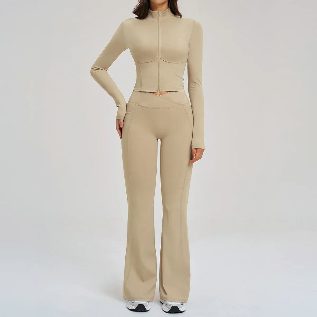 2PCS Yoga Set Gym Clothes Sportswear Seamless Women Fitness Long Sleeved Tracksuits Sports Workout Gym Flared Leggings Athletic