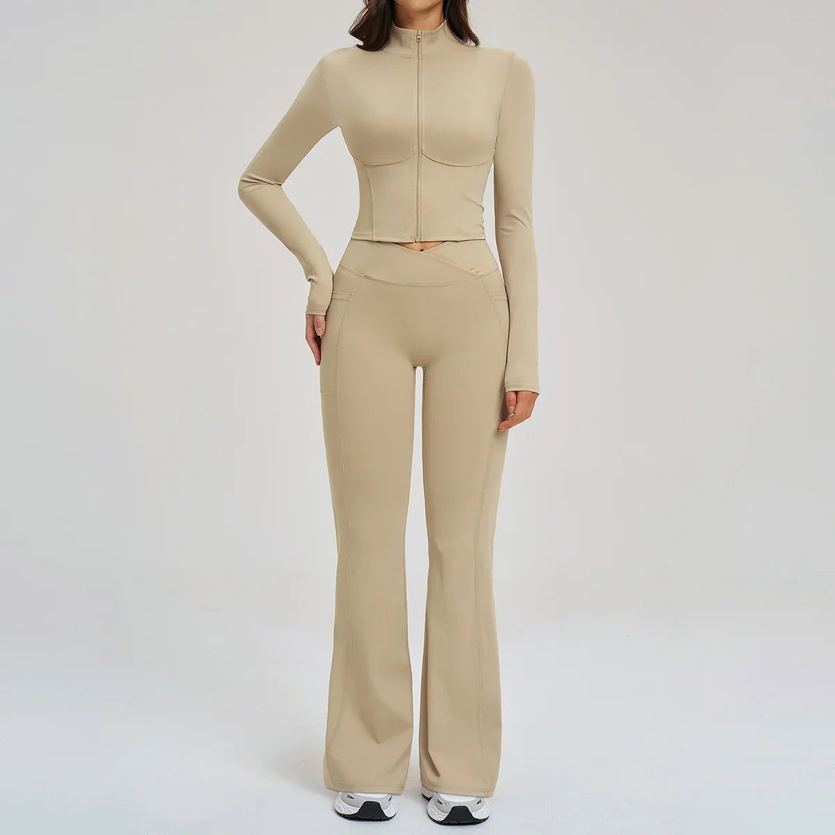 2PCS Yoga Set Gym Clothes Sportswear Seamless Women Fitness Long Sleeved Tracksuits Sports Workout Gym Flared Leggings Athletic