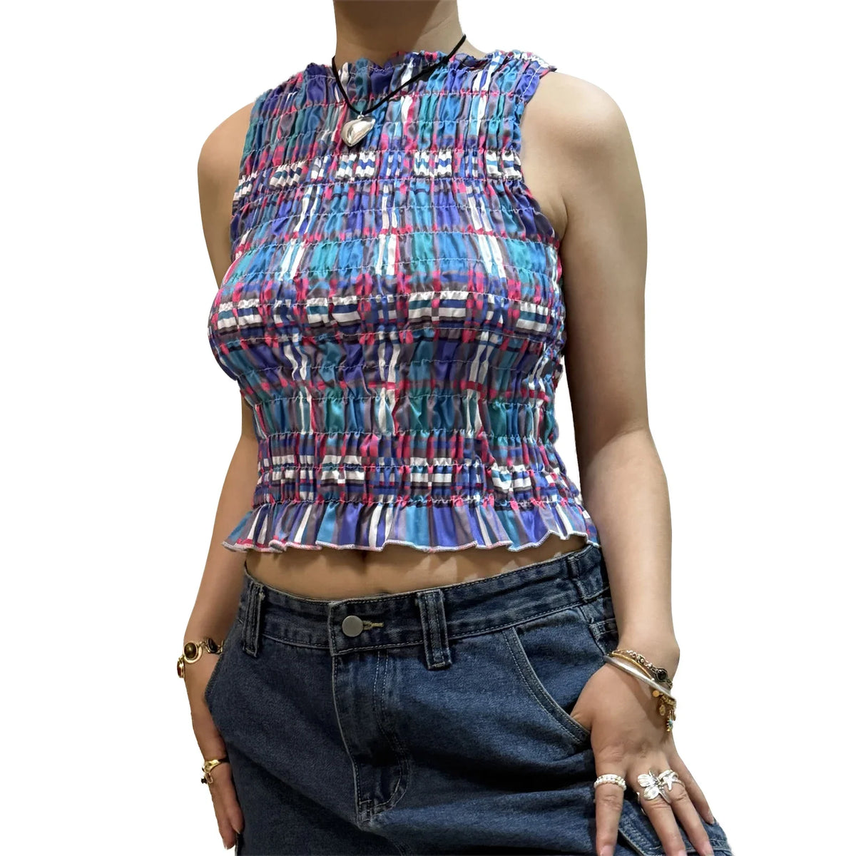 Women Summer Smock Tank Tops Casual Fashion Ruffle Hem Plaid Print Sleeveless Shirt Basic Vest Streetwear