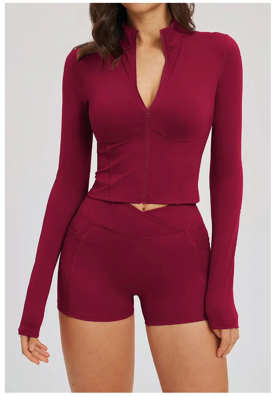 Yoga Suit Women Tracksuit Long-sleeved Jacket Shorts Suit Outfit Gym 2PCS Set Fitness Running Workout Clothes Push Up Sportswear