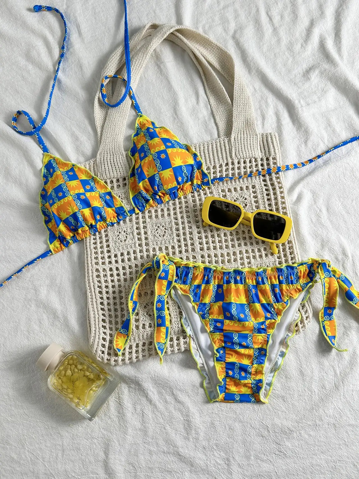 Cute Orange Floral Print Bikini Set Women Halter Ruffles Push Up Tie Side Thong Swimsuit 2026 Summer Bathing Suit Micro Swimwear