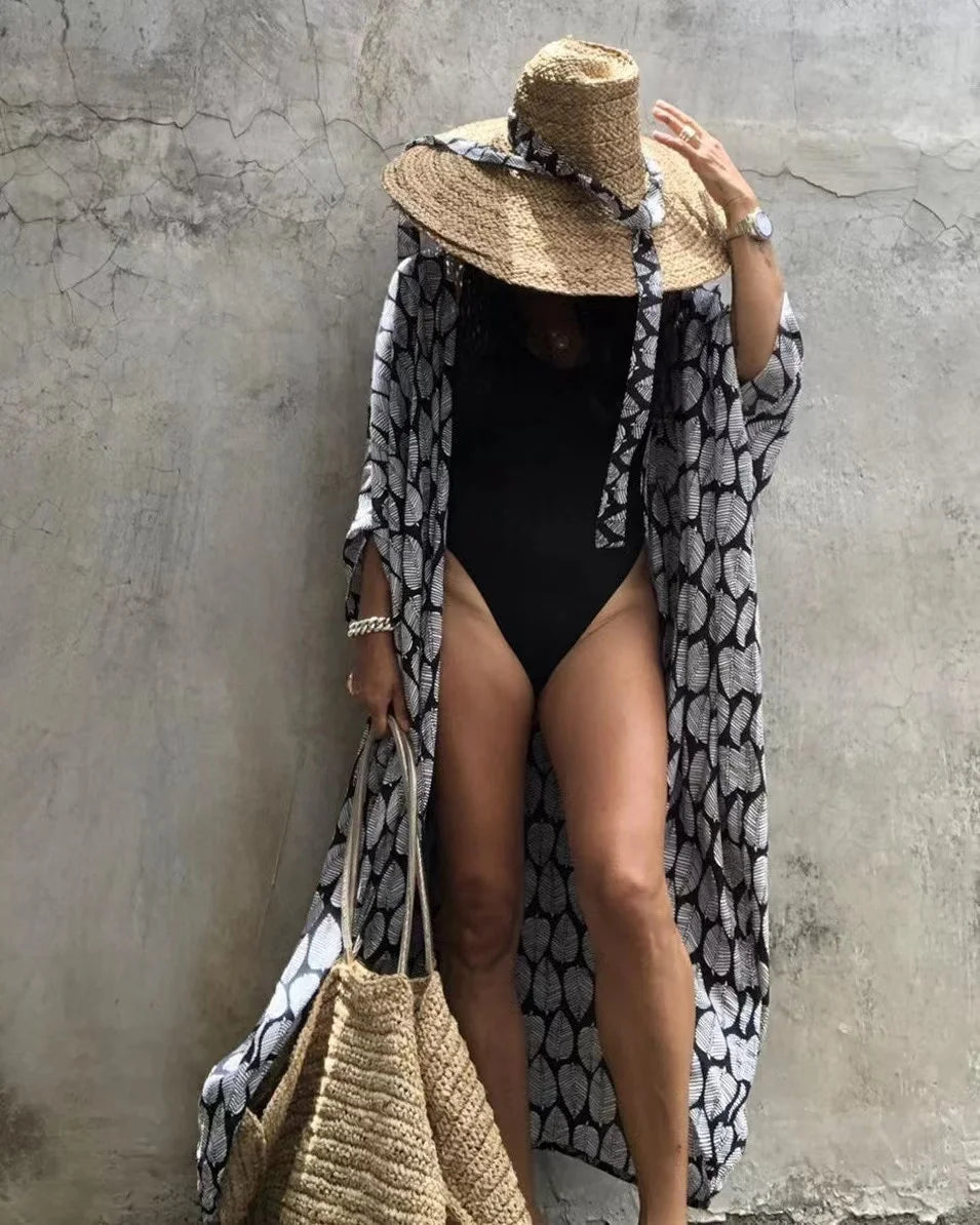 2024 New Summer Sexy Beach Kimono Swimwear Cotton Cover Up Swimsuit Women Print Bikini Cover Up Beachwear Dress Robe