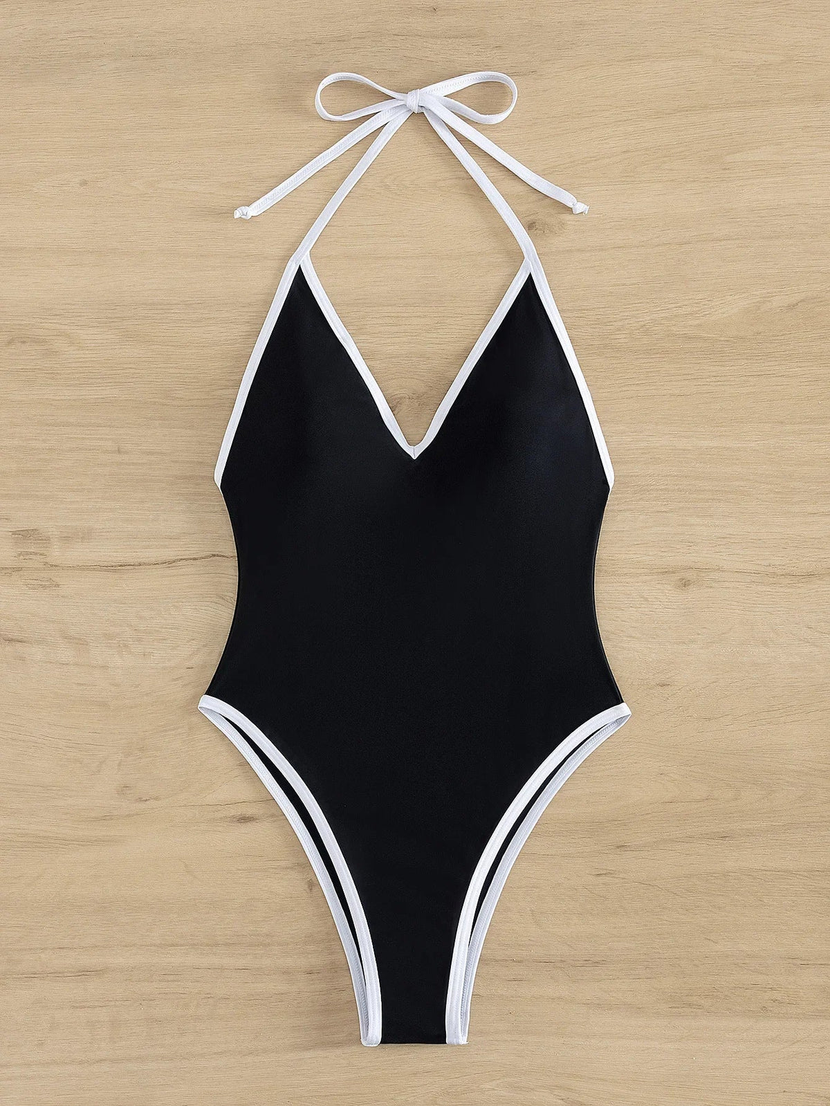Sexy Deep V Neck One Piece Swimsuit 2025 Women Black Contrast Push Up Backless Slim Tummy Control Swimwear Beach Pool Bather