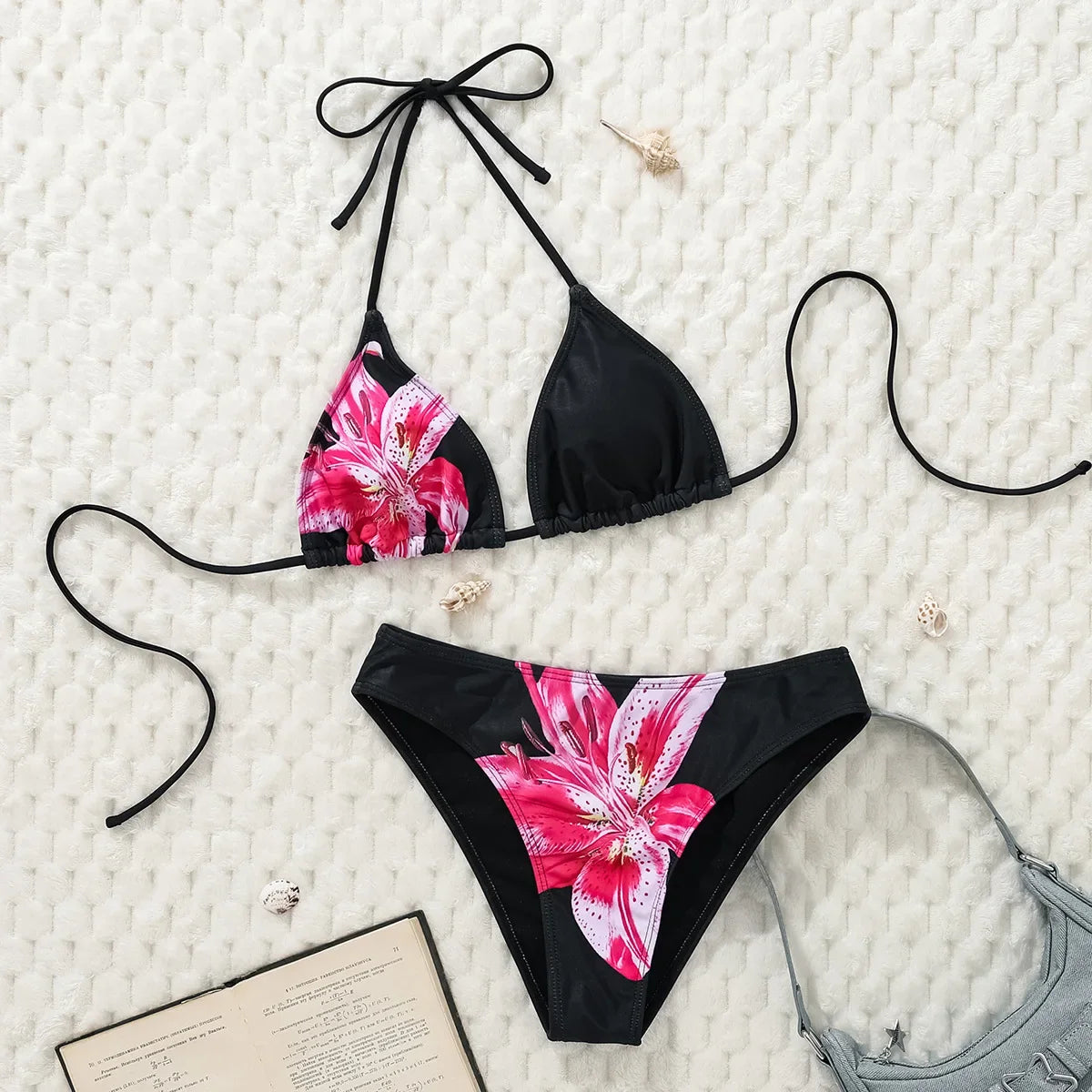 2025 New Women's Black Ground White Dot Printed Swimsuit Halter Neck Low Waist Bikini Set For Summer Female Swimwear Brazilian