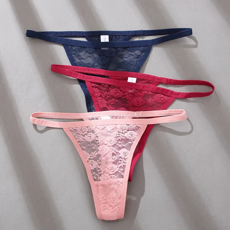 5PCS Sexy Lace Cotton Floral G-String Transparent Thong Seamless Women Low Waist Panties Underwear Solid Color Lingere Intimates
