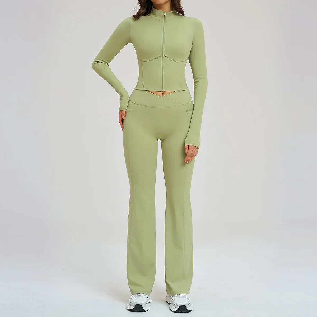 2PCS Yoga Set Gym Clothes Sportswear Seamless Women Fitness Long Sleeved Tracksuits Sports Workout Gym Flared Leggings Athletic