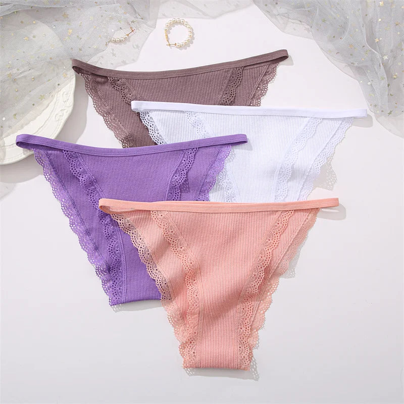 3PCS Women‘s Cotton Lace Panties Low Waist Briefs Comfortable Underwear Ladies Solid Color Underpants Girls Breathable Panty New