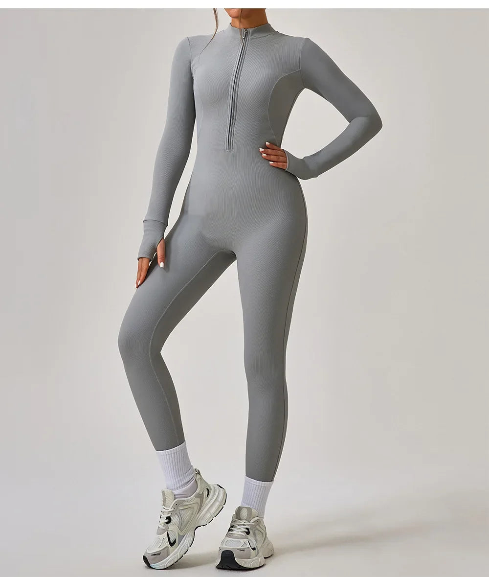 Women's Jumpsuits One-Piece Suit Yoga Set Zipper Long Sleeve Gym Push Up Workout Clothes Fitness Bodysuit Sportswear Tracksuit