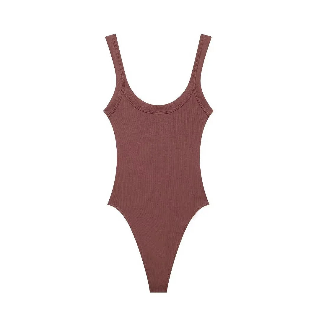 Women's Skinny Ribbed O-Neck Bodysuits with Straps Snap-Button Sexy Fashion Playsuits Comfortable Stretchy Female Clothing