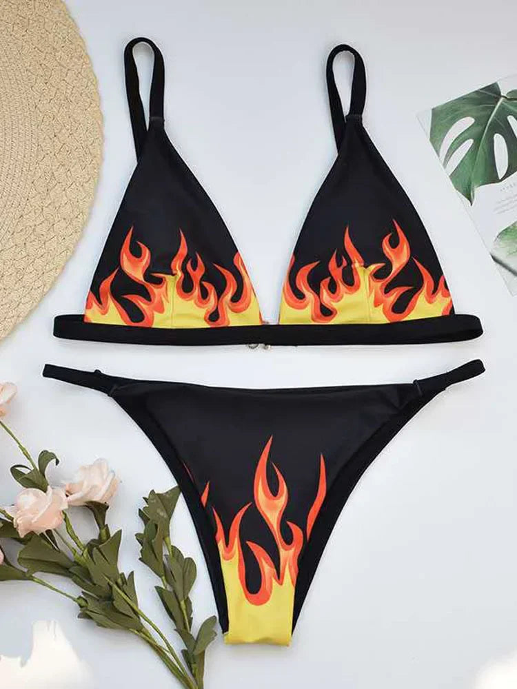 Fire Print Bikini Sexy Off Shouler Women Swimsuit Push Up Plaid Swimwear Brazilian Bikini Set Bathing Suit Trajes De Baño Mujer