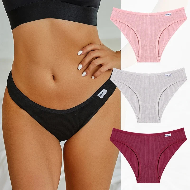 3PCS Cotton Women's Panties Sexy Comfortable Underwear Female Low Waist Stripe Briefs Solid Color Breathable Soft Lingerie M-XL