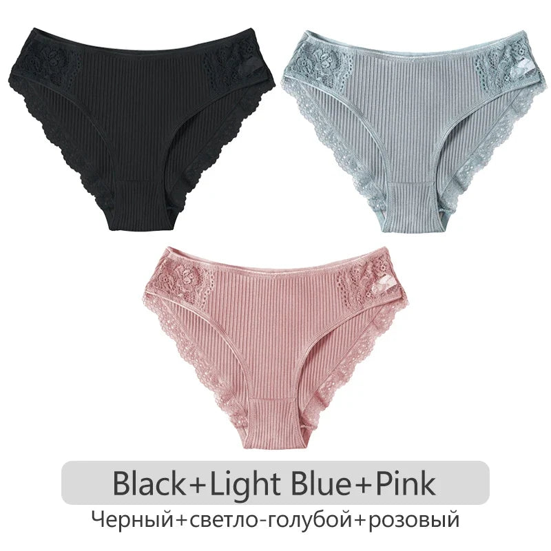 3Pcs/set Women's Cotton Panties M-2XL Trendy Patchwork Lace Underwear Female Low Waist Briefs Ladies Comfortable Underpants 2023