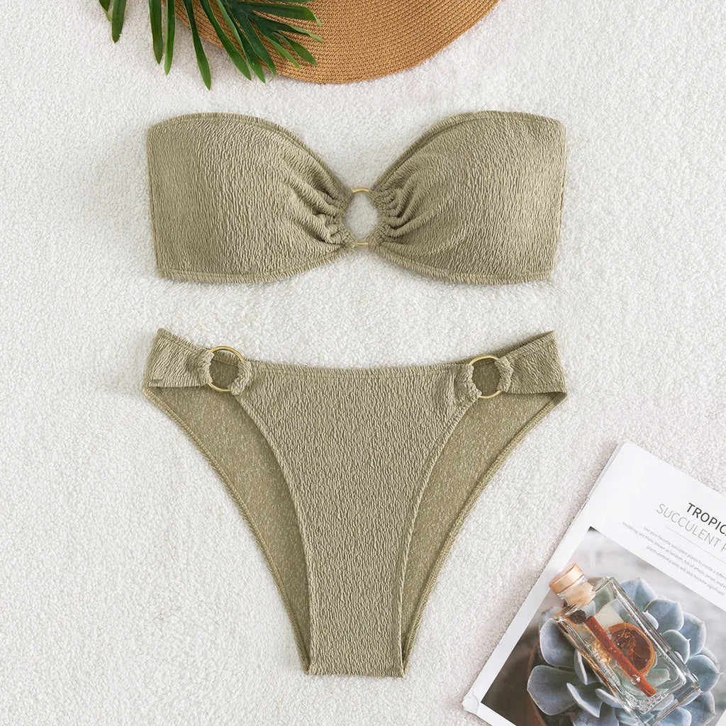 Sexy Bandeau Bikinis Sets Women Metal Ring Linked Push Up Micro Swimsuit 2025 Solid Bathing Suit Thong Swimwear Trajes De Baño