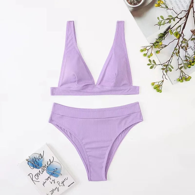 2023 New Sexy V-Neck Ribbed Bikini High Waist Swimsuit Women Solid Push Up Swimwear Female Bathing Suit Bikini Set Beachwear