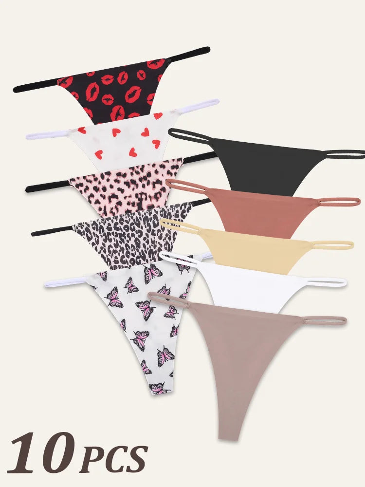 10Pcs Seamless Thong Women Thin Strap Low Waist High Flexibility Panties Sexy Underwear Ladies Briefs T-back Comfortable Women