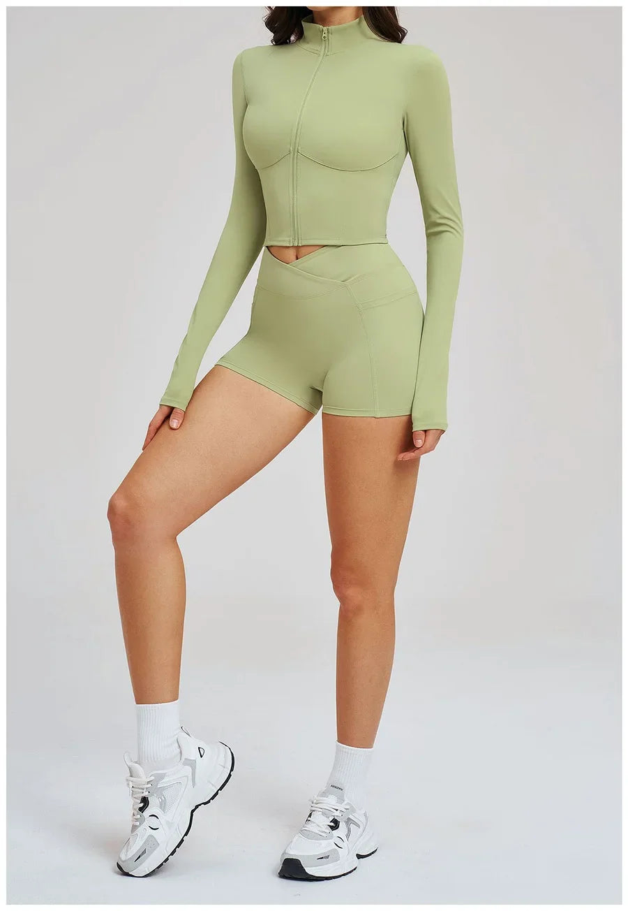 Yoga Suit Women Tracksuit Long-sleeved Jacket Shorts Suit Outfit Gym 2PCS Set Fitness Running Workout Clothes Push Up Sportswear