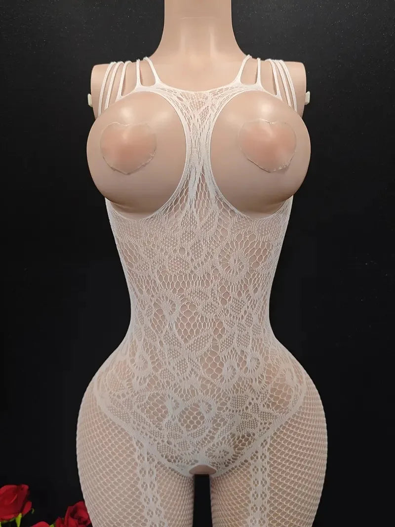 Transparent Fishnet Hollow Lingerie Set Women Hanging Neck Erotic Crotchless Bodystockings Open Bras BodySuits Hot Underwear Set