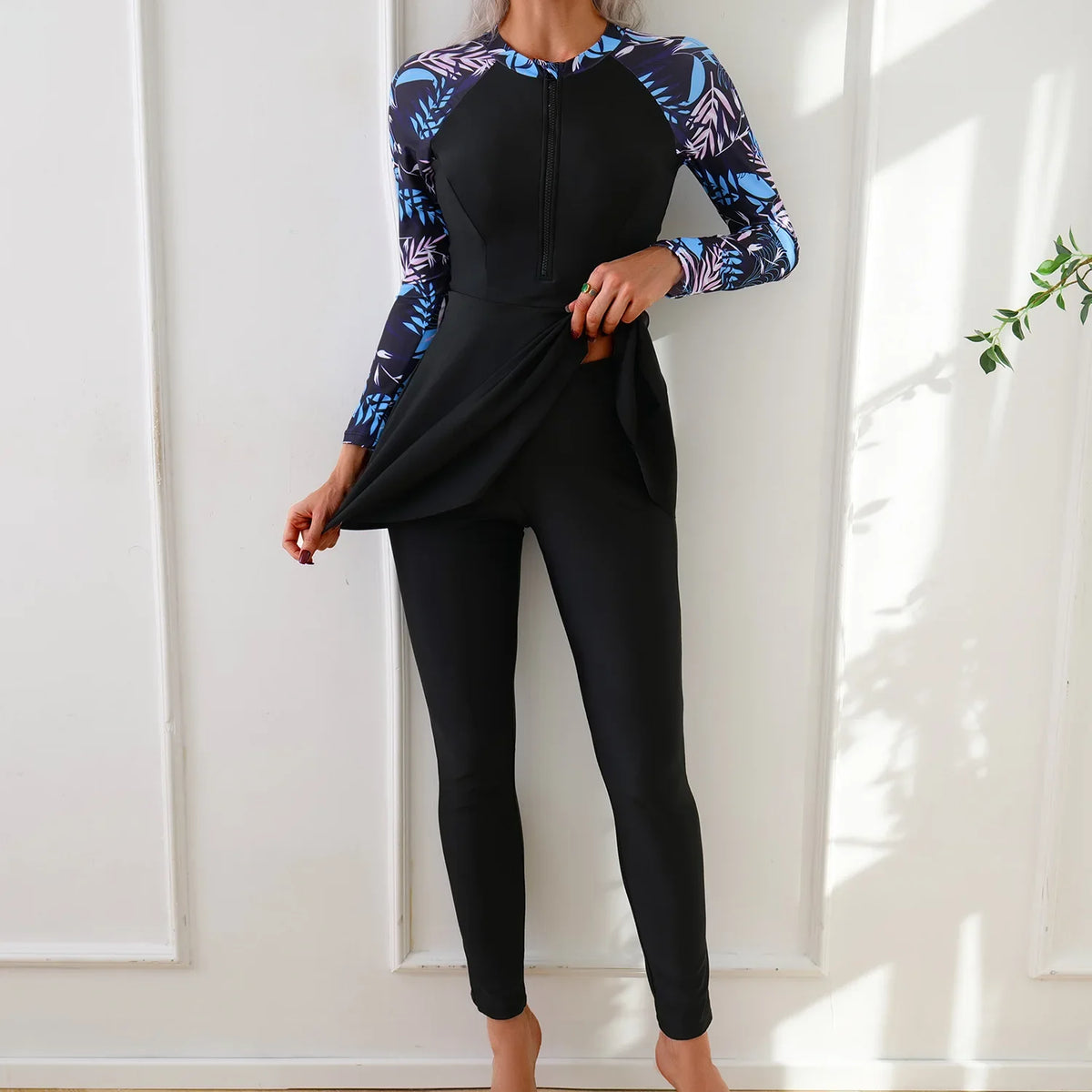Muslim Swimwear Burkini Sets for Women Black Floral Print Zipper Long Sleeve Top Long Panties Sports Swimsuit Bathing Suit